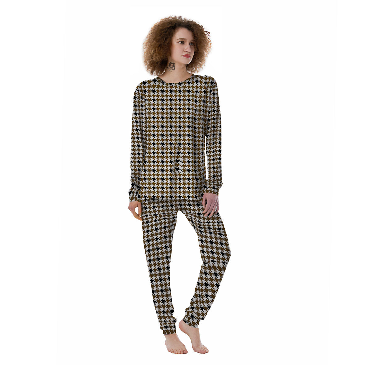 Houndstooth Black And Brown Print Women's Pajamas-grizzshop