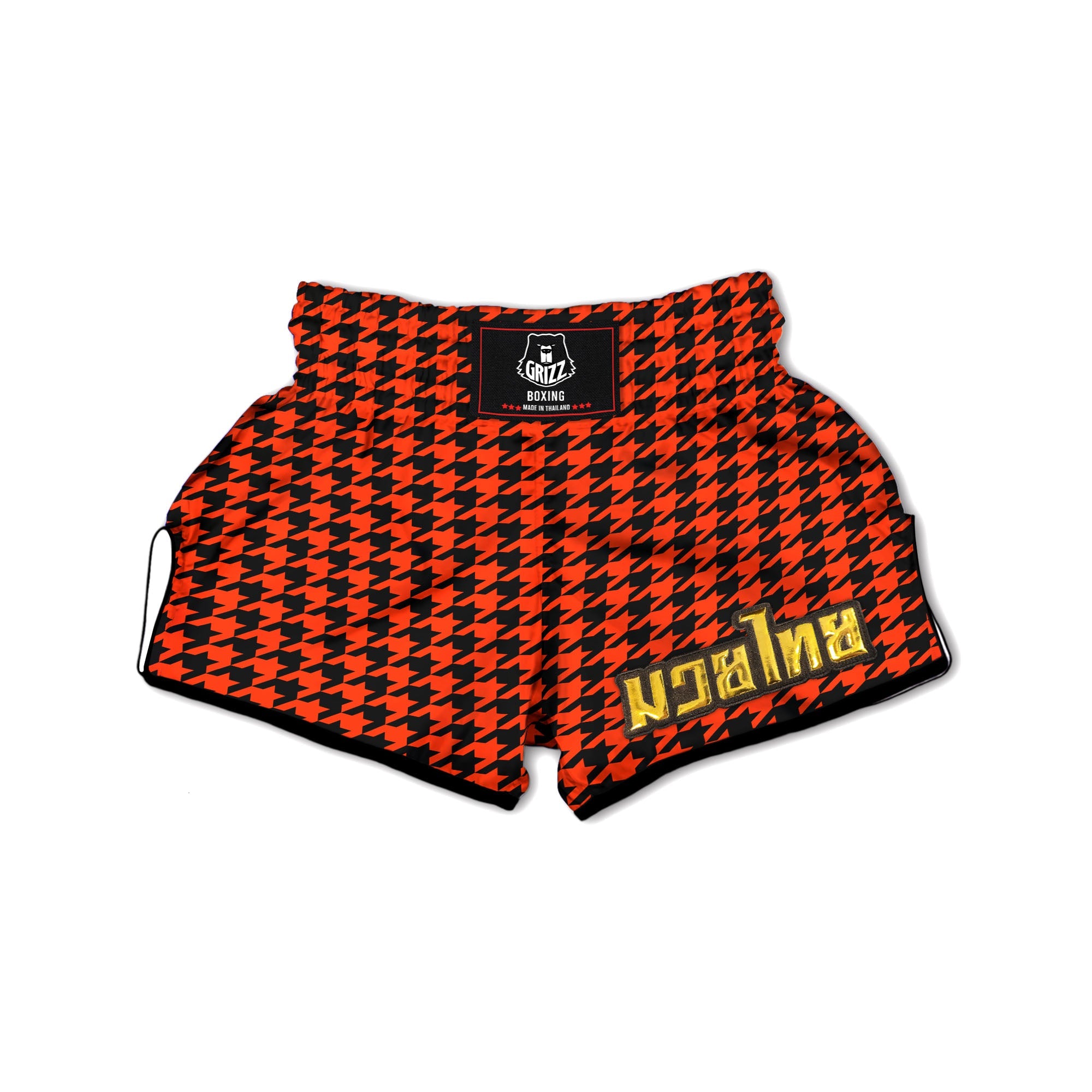 Houndstooth Black And Orange Print Muay Thai Boxing Shorts-grizzshop