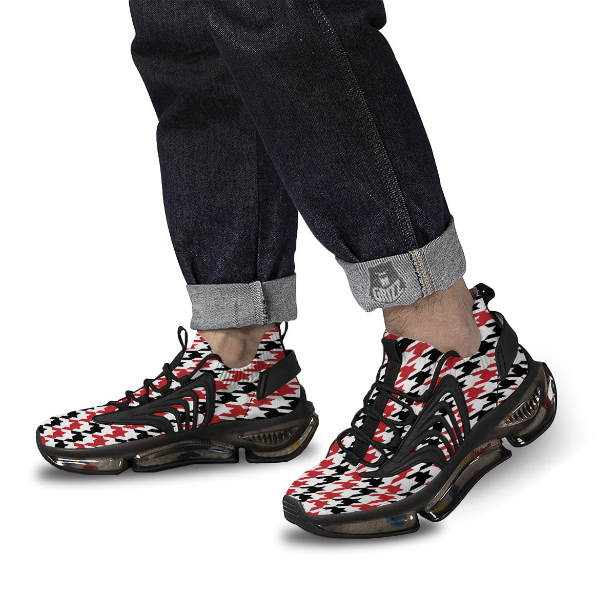 Houndstooth Black And Red Print Pattern Black Gym Shoes-grizzshop