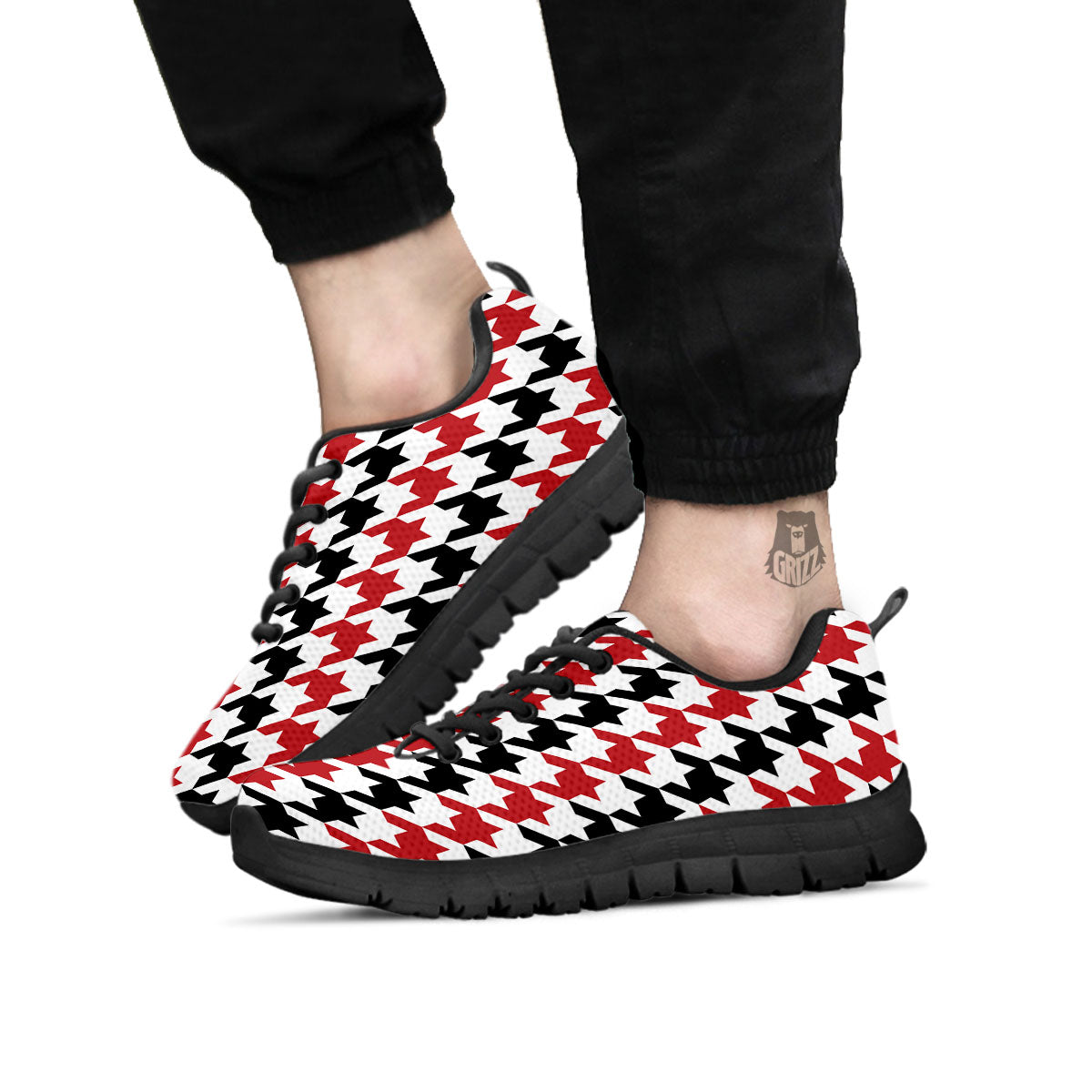 Houndstooth Black And Red Print Pattern Black Sneaker-grizzshop