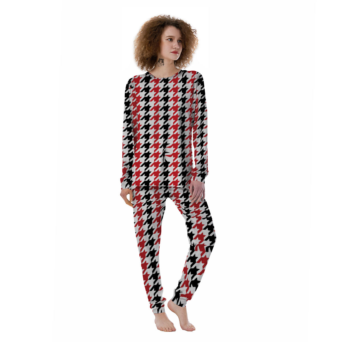 Houndstooth Black And Red Print Pattern Women's Pajamas-grizzshop