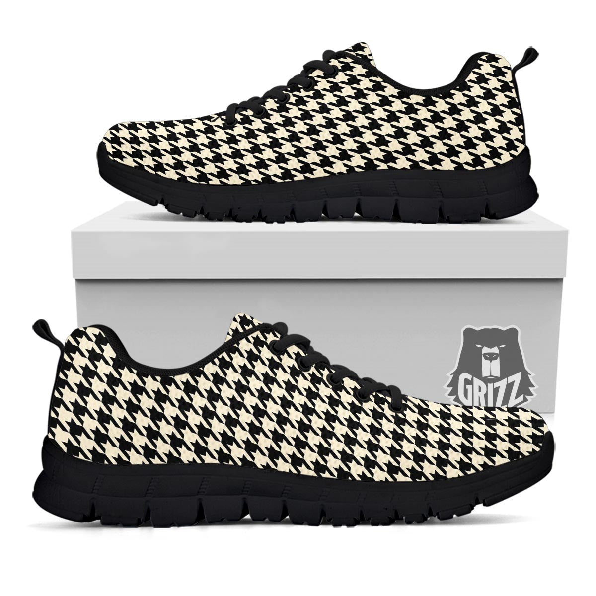 Houndstooth Black And Tan Print Pattern Black Sneaker-grizzshop