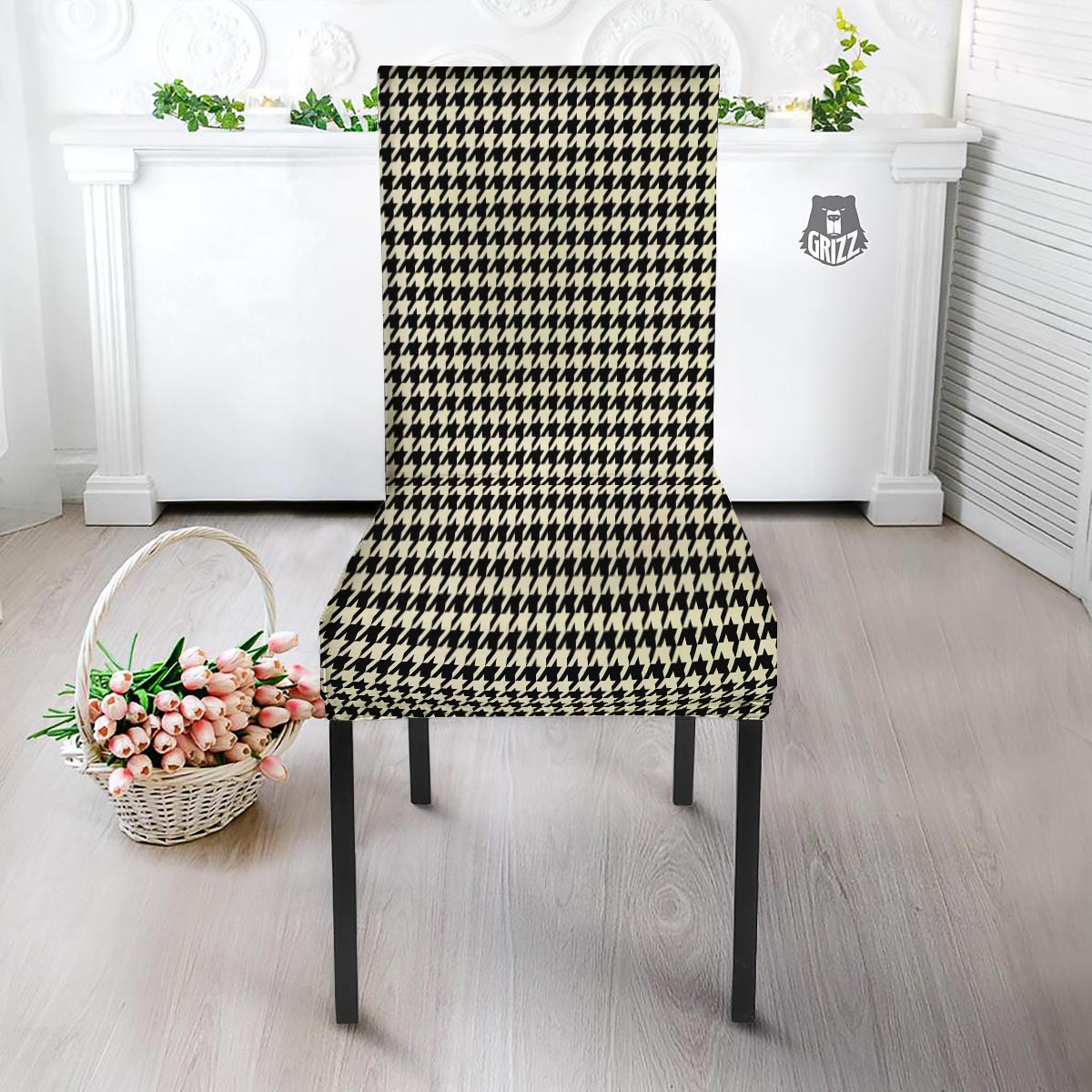 Houndstooth Black And Tan Print Pattern Dining Chair Slipcover-grizzshop
