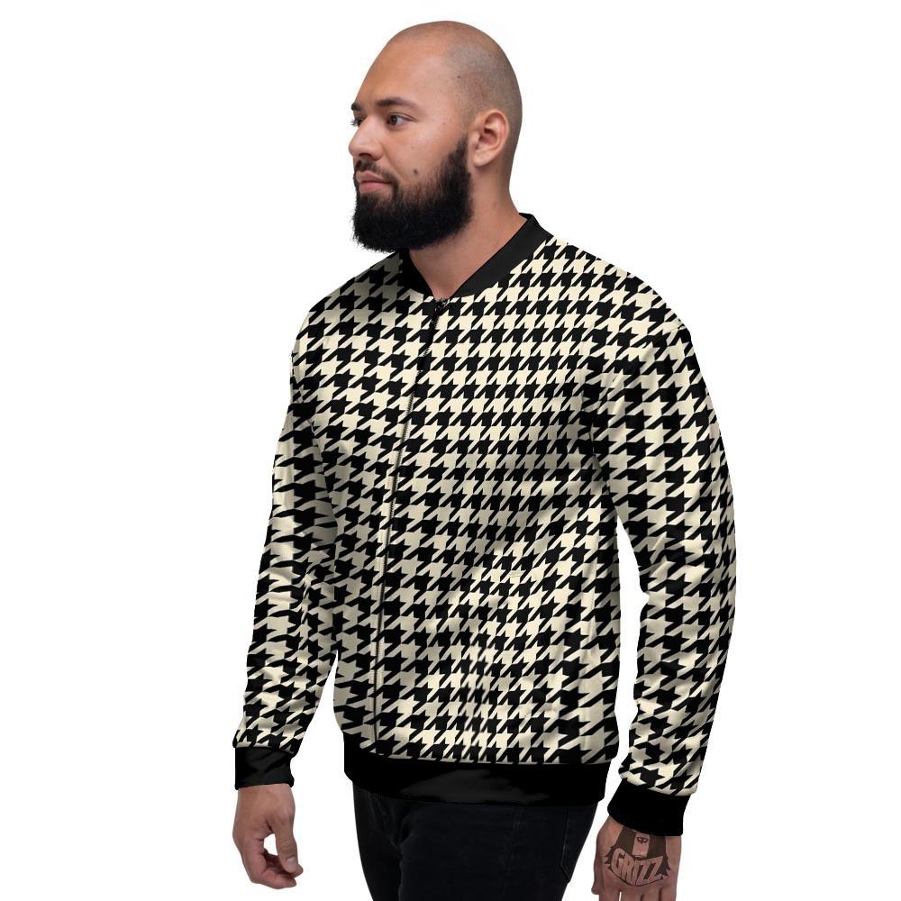 Houndstooth Black And Tan Print Pattern Men's Bomber Jacket-grizzshop