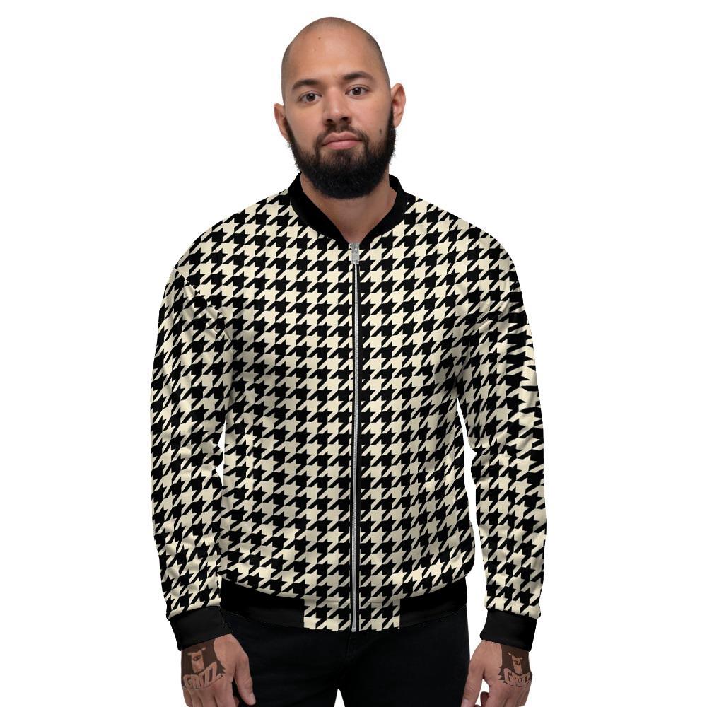 Houndstooth Black And Tan Print Pattern Men's Bomber Jacket-grizzshop