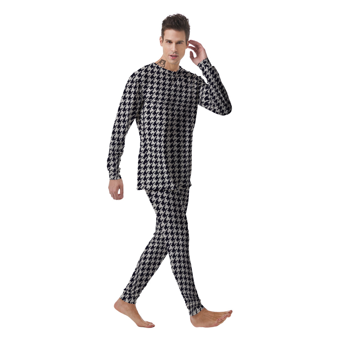 Houndstooth Black Pixel Print Pattern Men's Pajamas-grizzshop