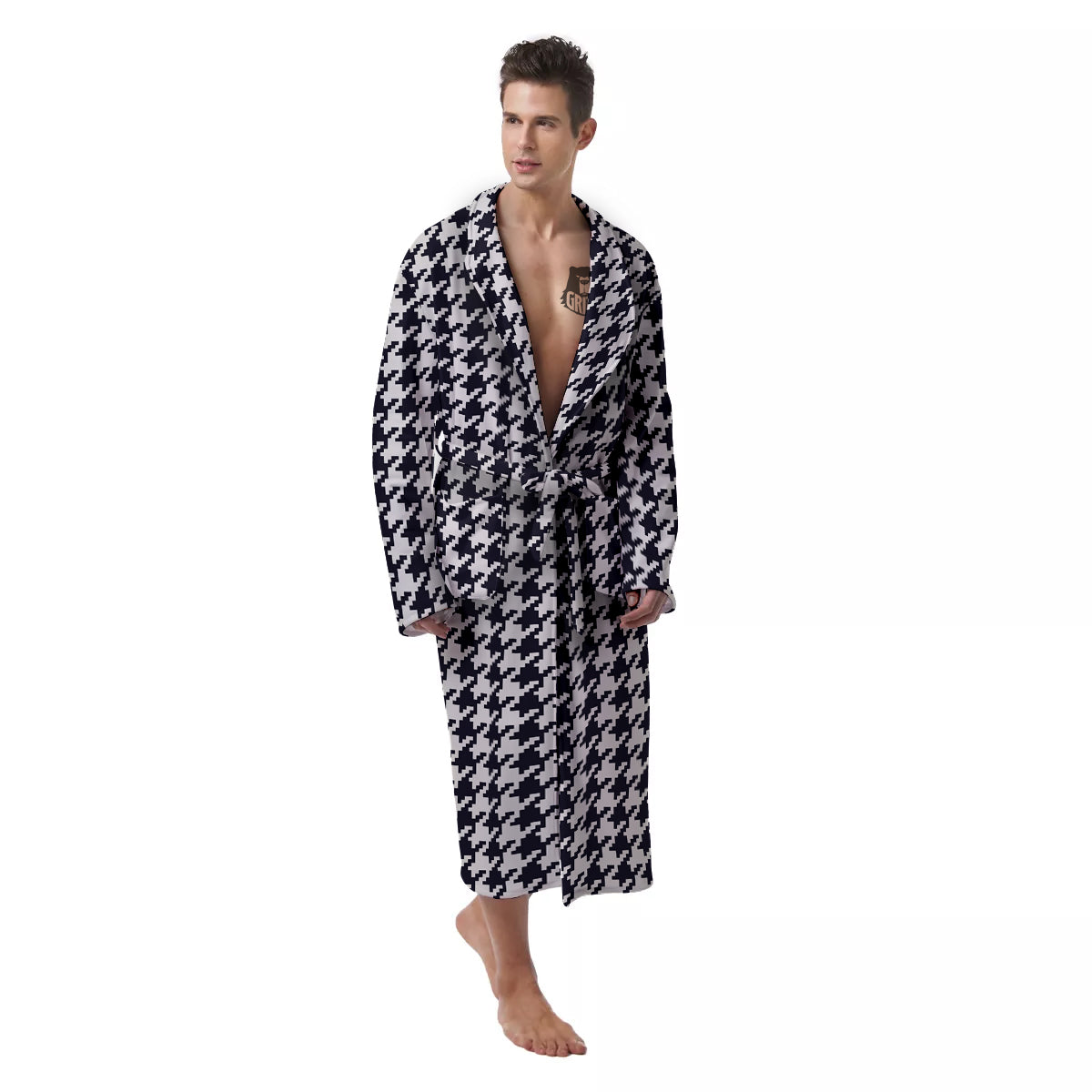 Houndstooth Black Pixel Print Pattern Men's Robe-grizzshop