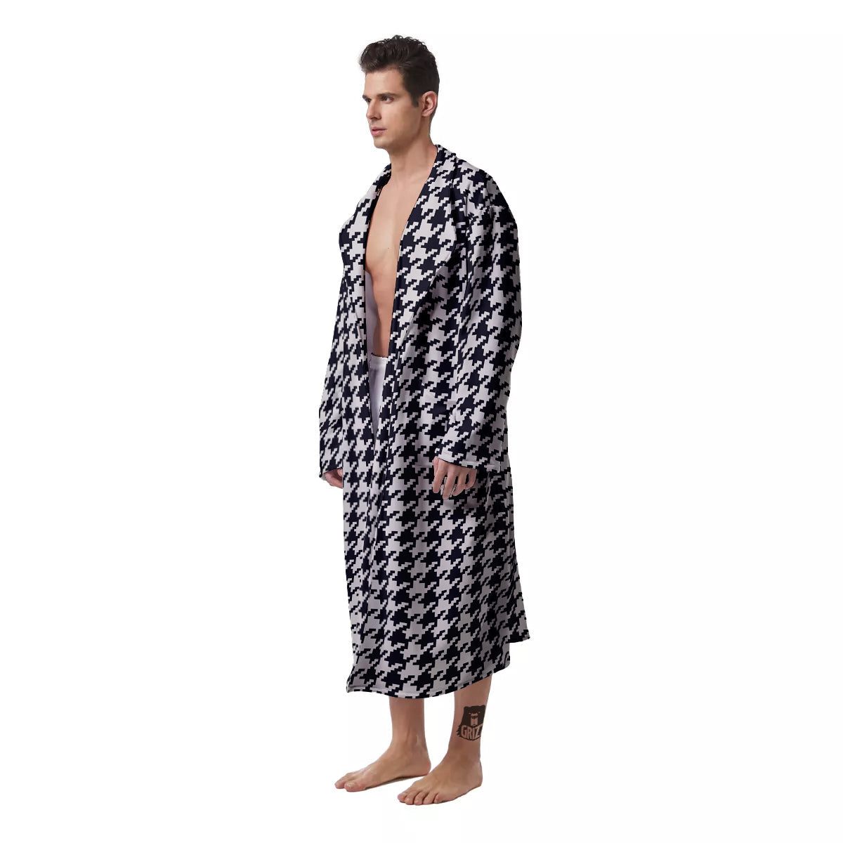 Houndstooth Black Pixel Print Pattern Men's Robe-grizzshop