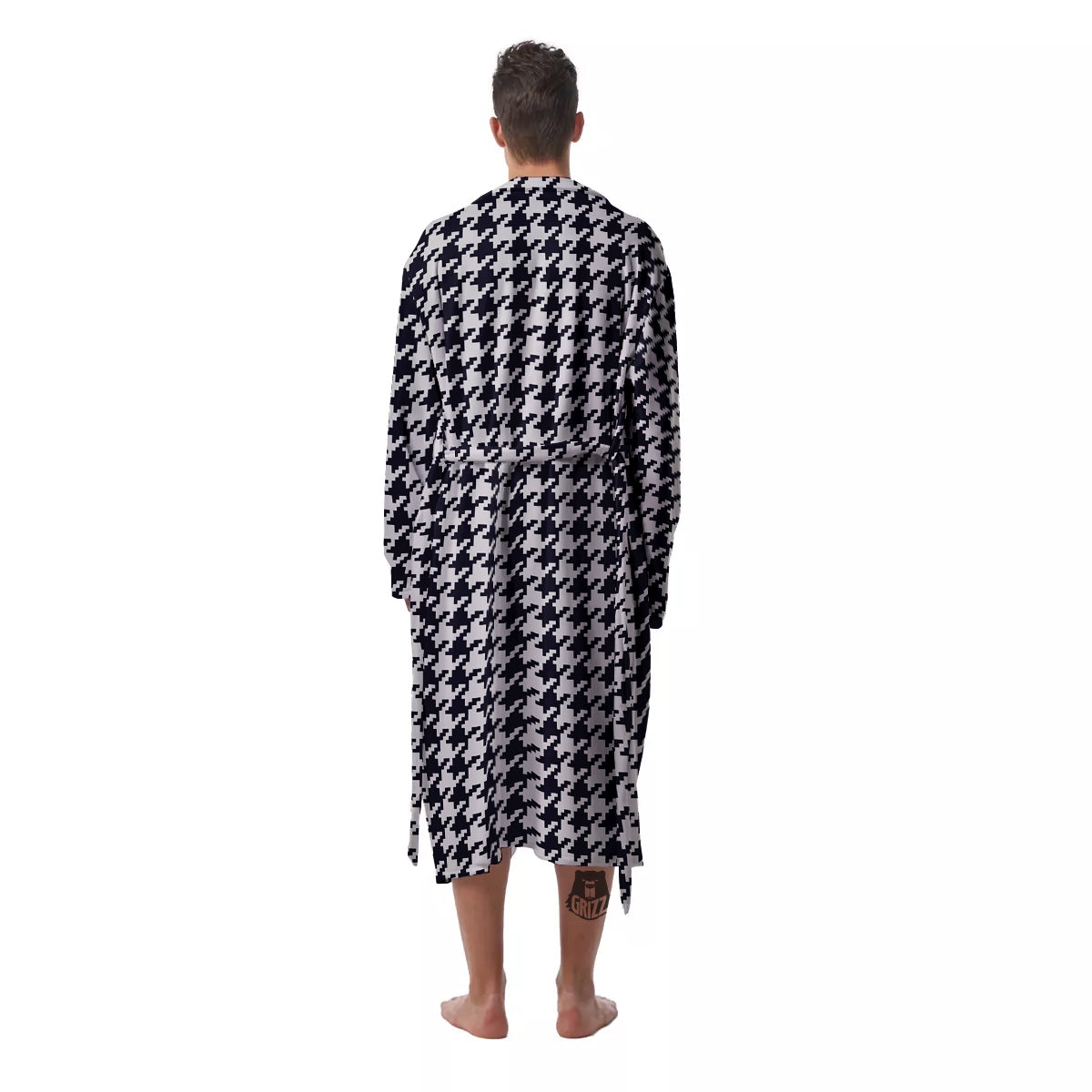 Houndstooth Black Pixel Print Pattern Men's Robe-grizzshop