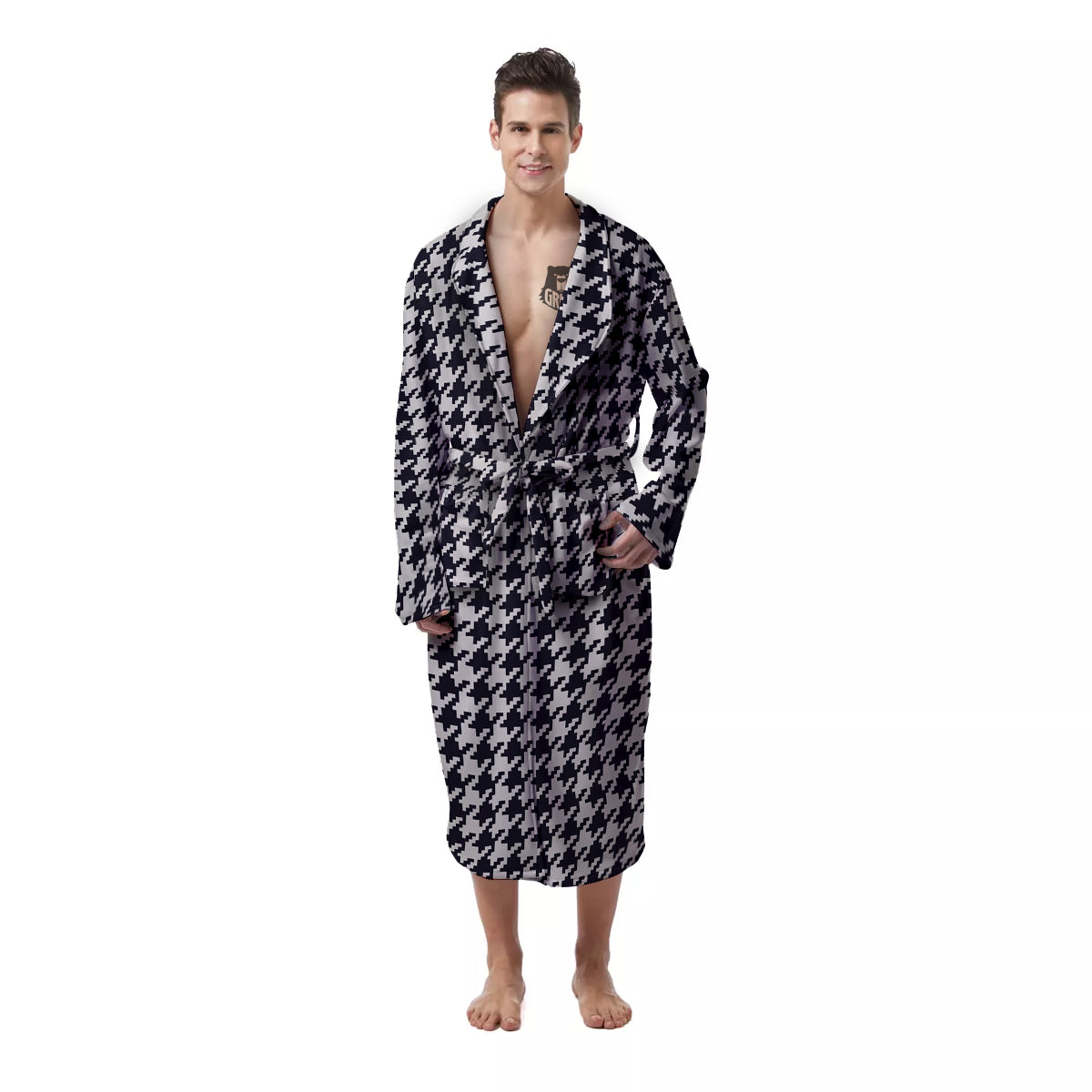 Houndstooth Black Pixel Print Pattern Men's Robe-grizzshop