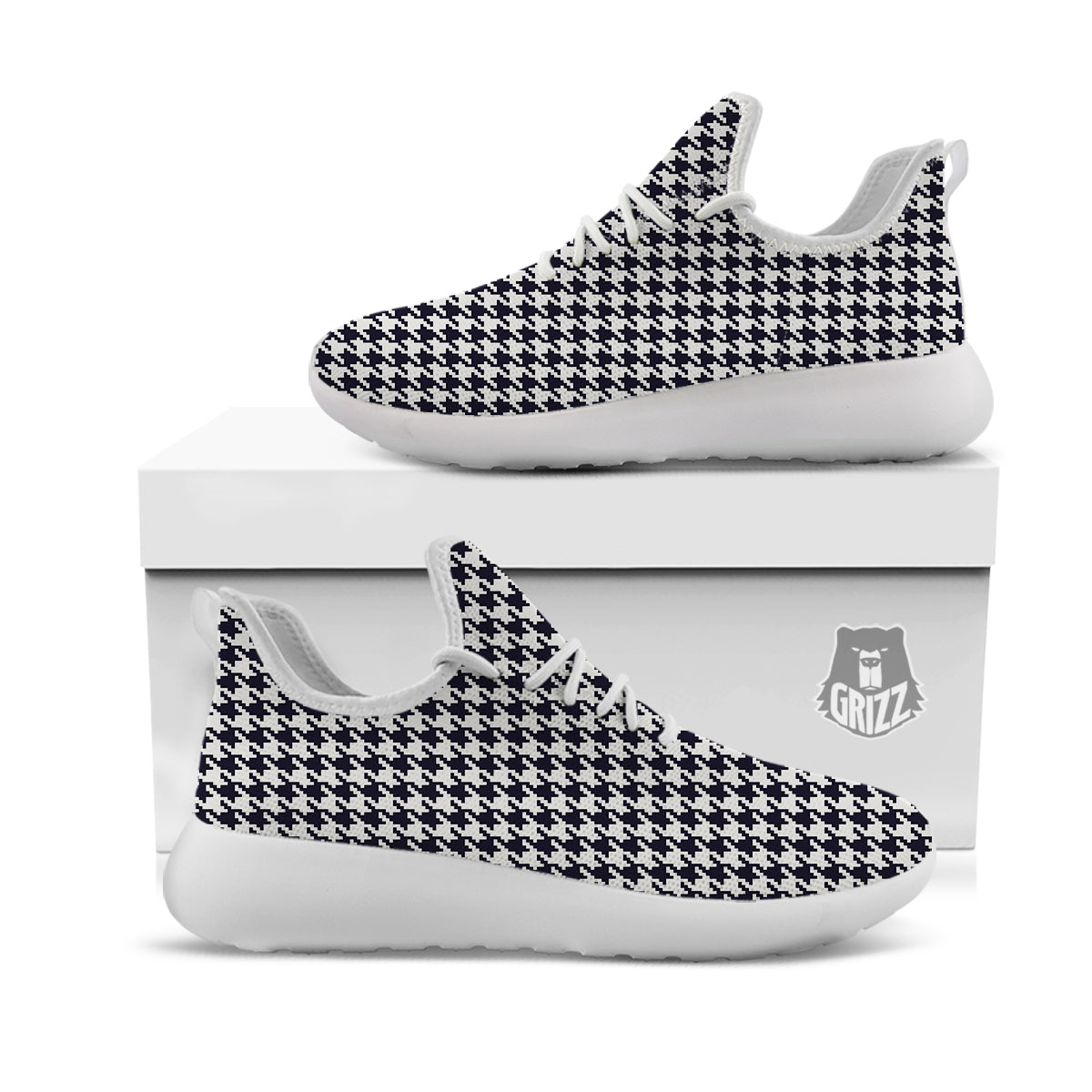 Houndstooth Black Pixel Print Pattern White Athletic Shoes-grizzshop