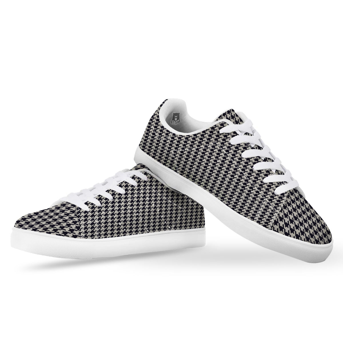 Houndstooth Black Pixel Print Pattern White Low Top Sneakers-grizzshop