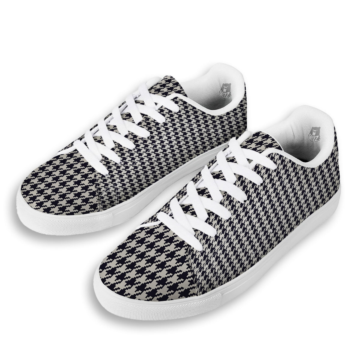 Houndstooth Black Pixel Print Pattern White Low Top Sneakers-grizzshop