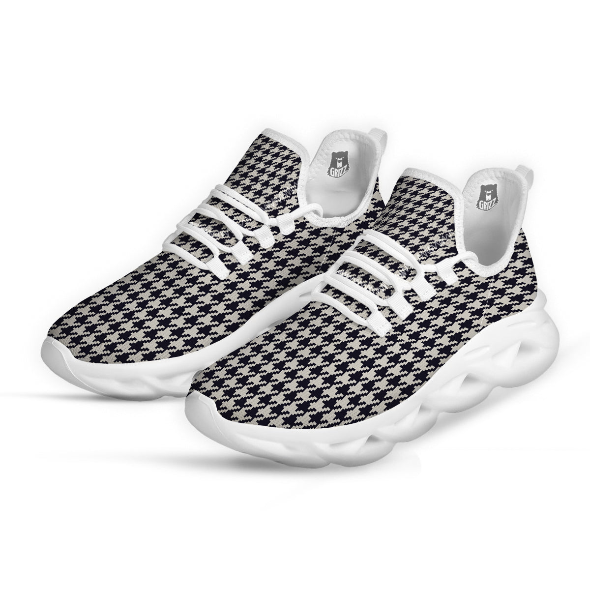 Houndstooth Black Pixel Print Pattern White Running Shoes-grizzshop