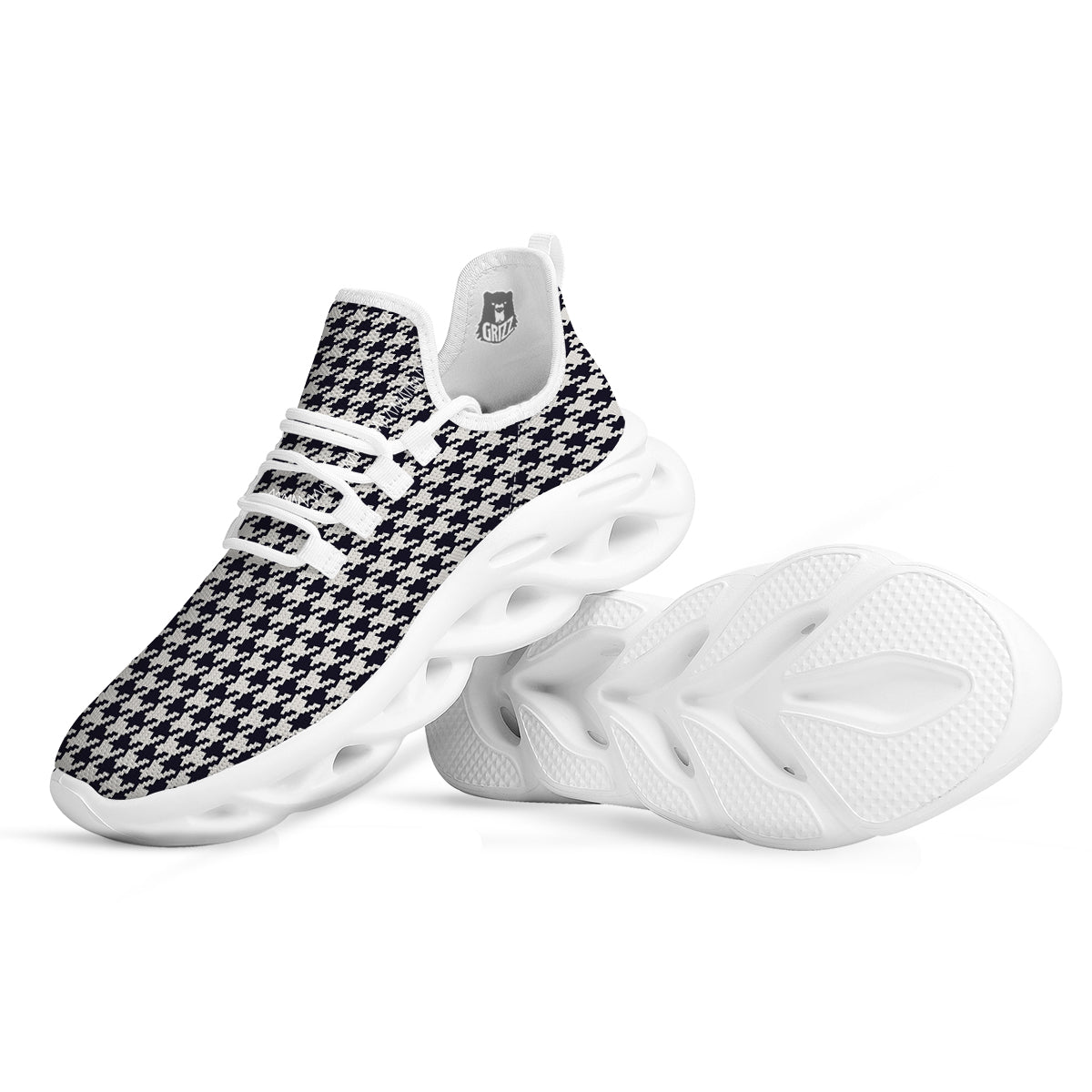 Houndstooth Black Pixel Print Pattern White Running Shoes-grizzshop