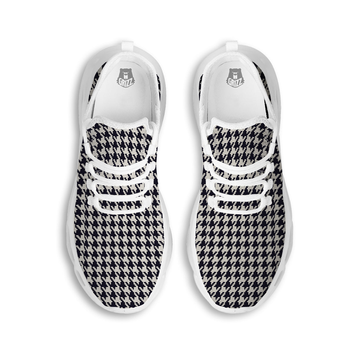Houndstooth Black Pixel Print Pattern White Running Shoes-grizzshop