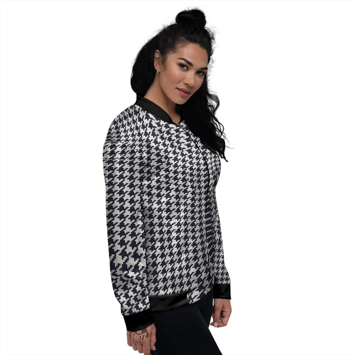 Houndstooth Black Pixel Print Pattern Women's Bomber Jacket-grizzshop