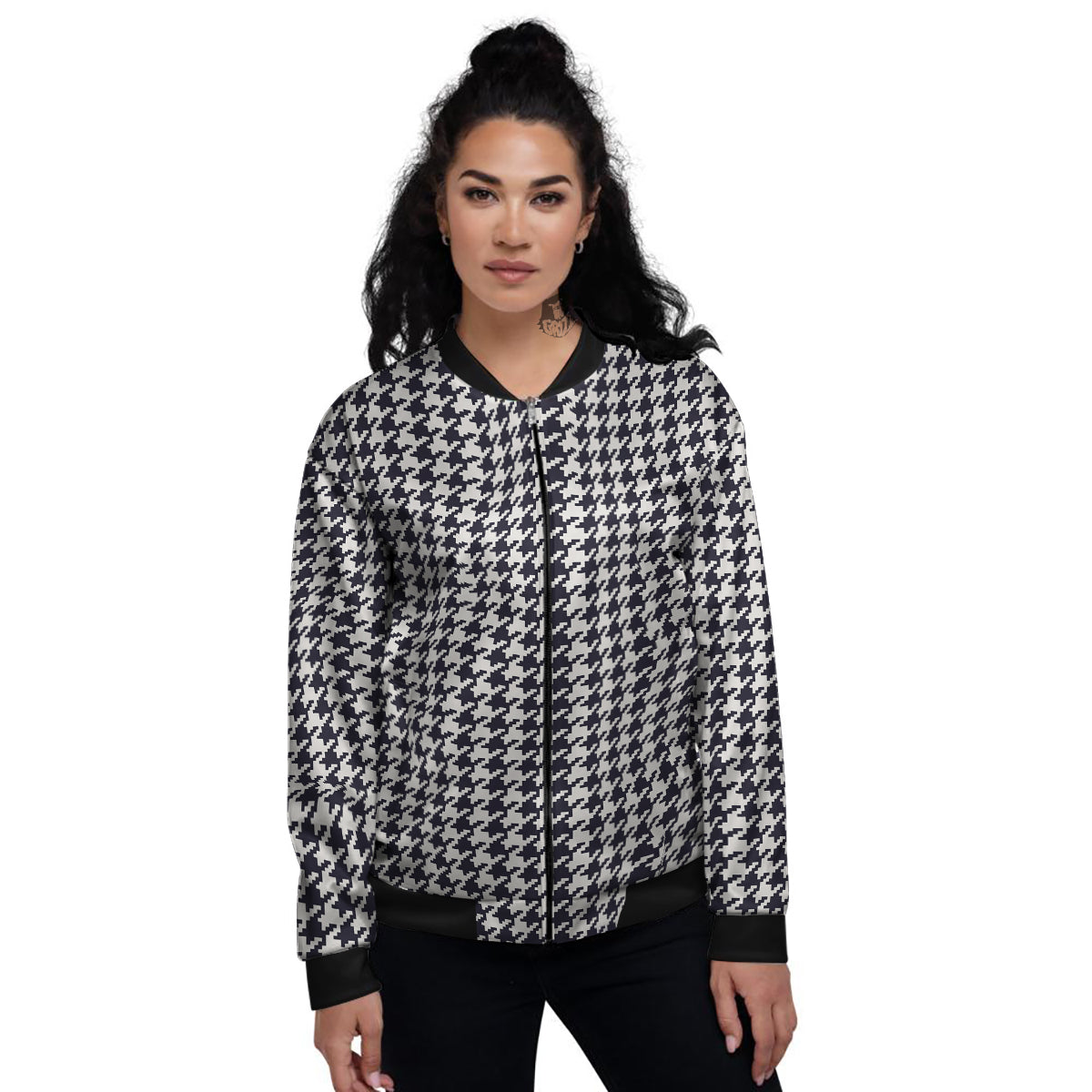 Houndstooth Black Pixel Print Pattern Women's Bomber Jacket-grizzshop