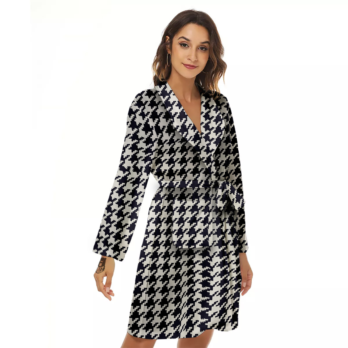 Houndstooth Black Pixel Print Pattern Women's Robe-grizzshop