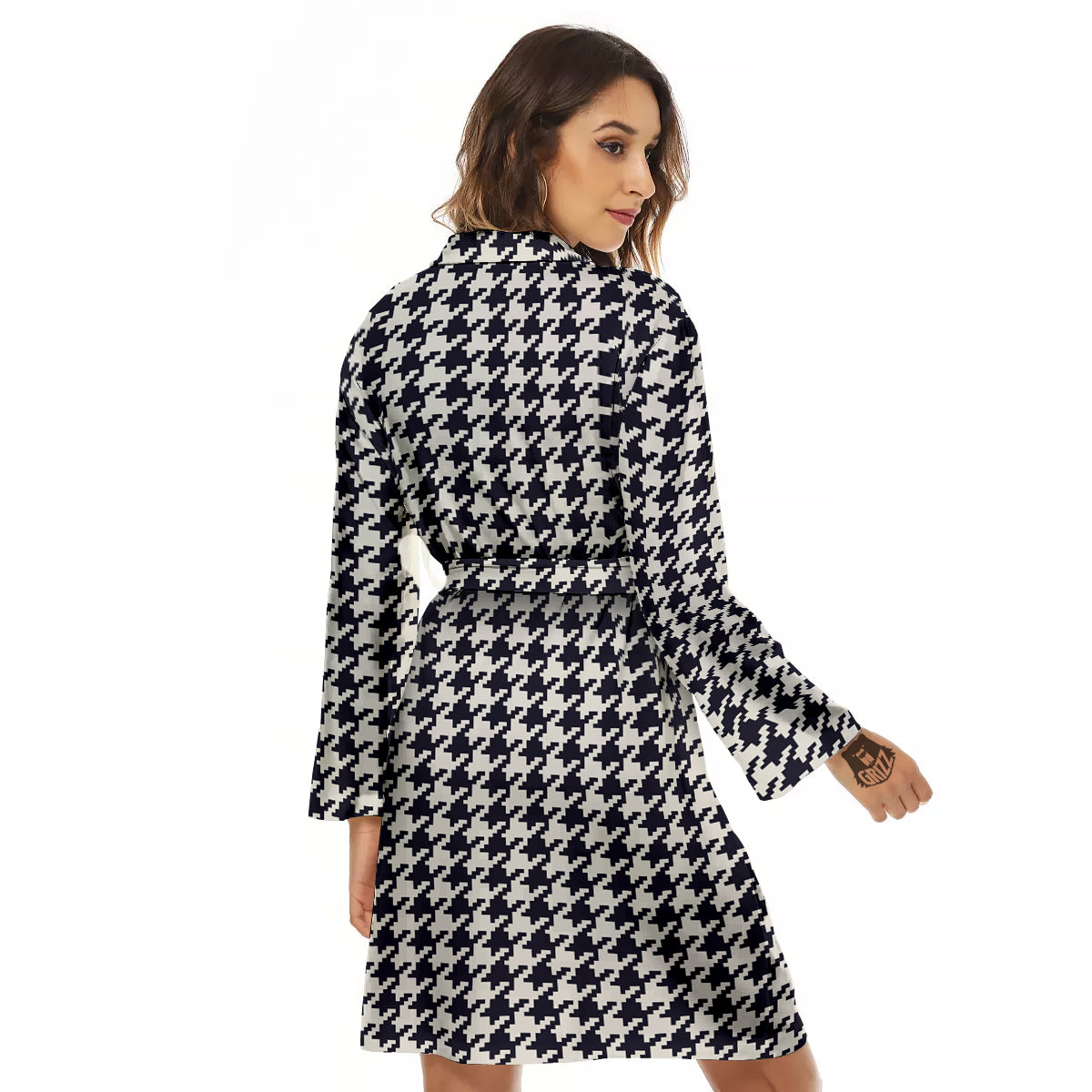 Houndstooth Black Pixel Print Pattern Women's Robe-grizzshop