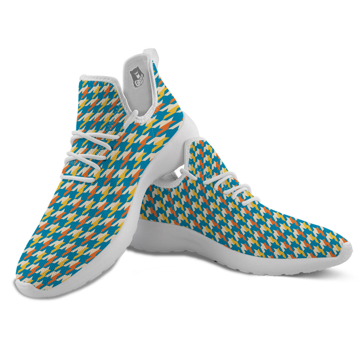 Houndstooth Blue And Orange Print White Athletic Shoes-grizzshop