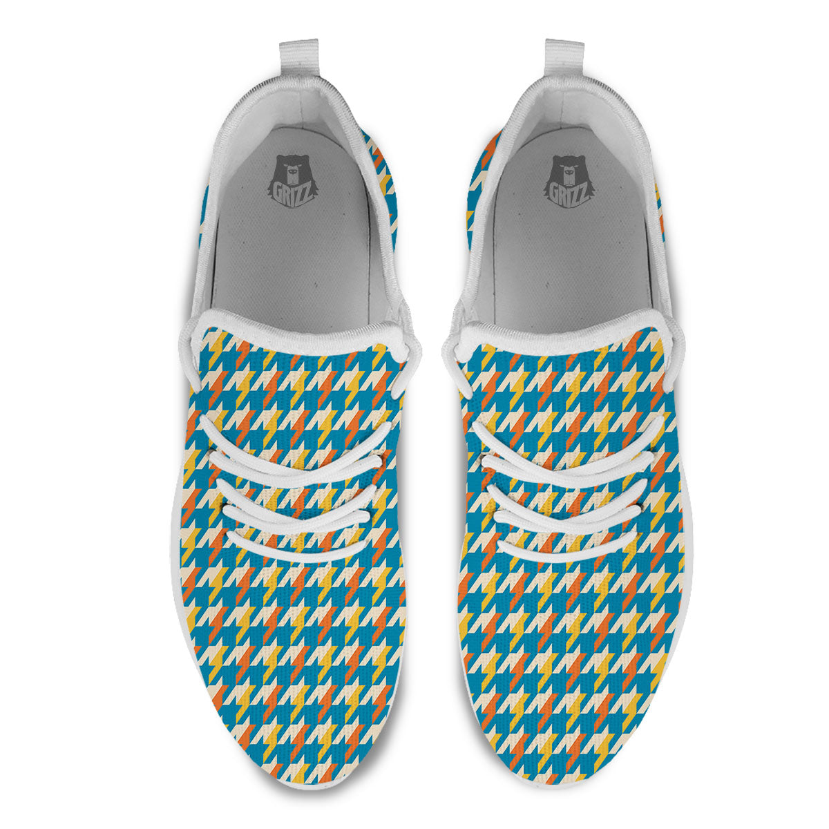 Houndstooth Blue And Orange Print White Athletic Shoes-grizzshop