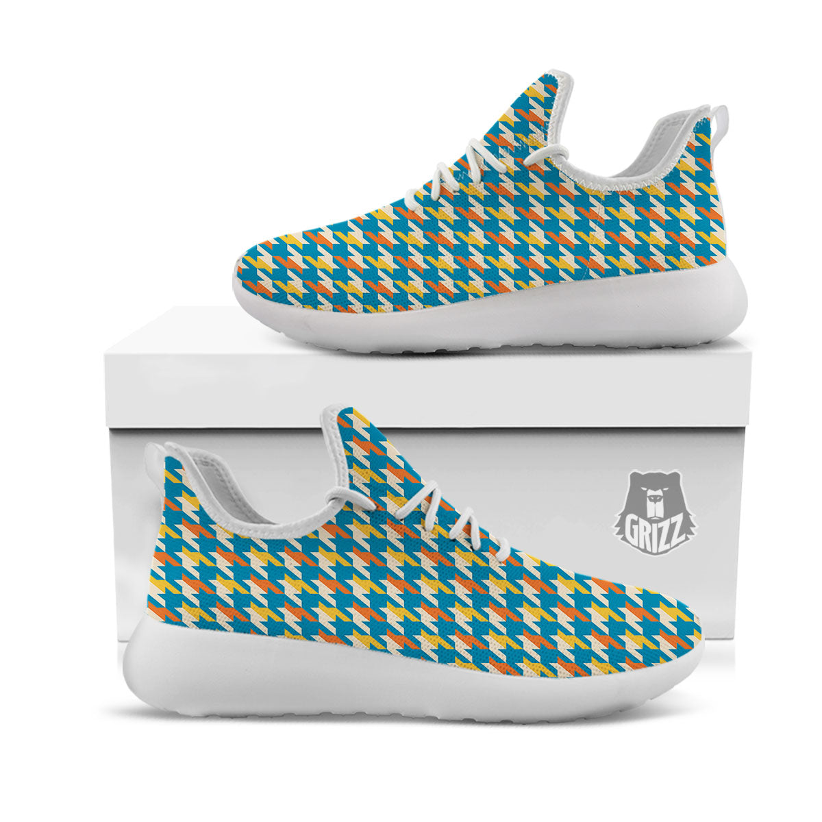 Houndstooth Blue And Orange Print White Athletic Shoes-grizzshop