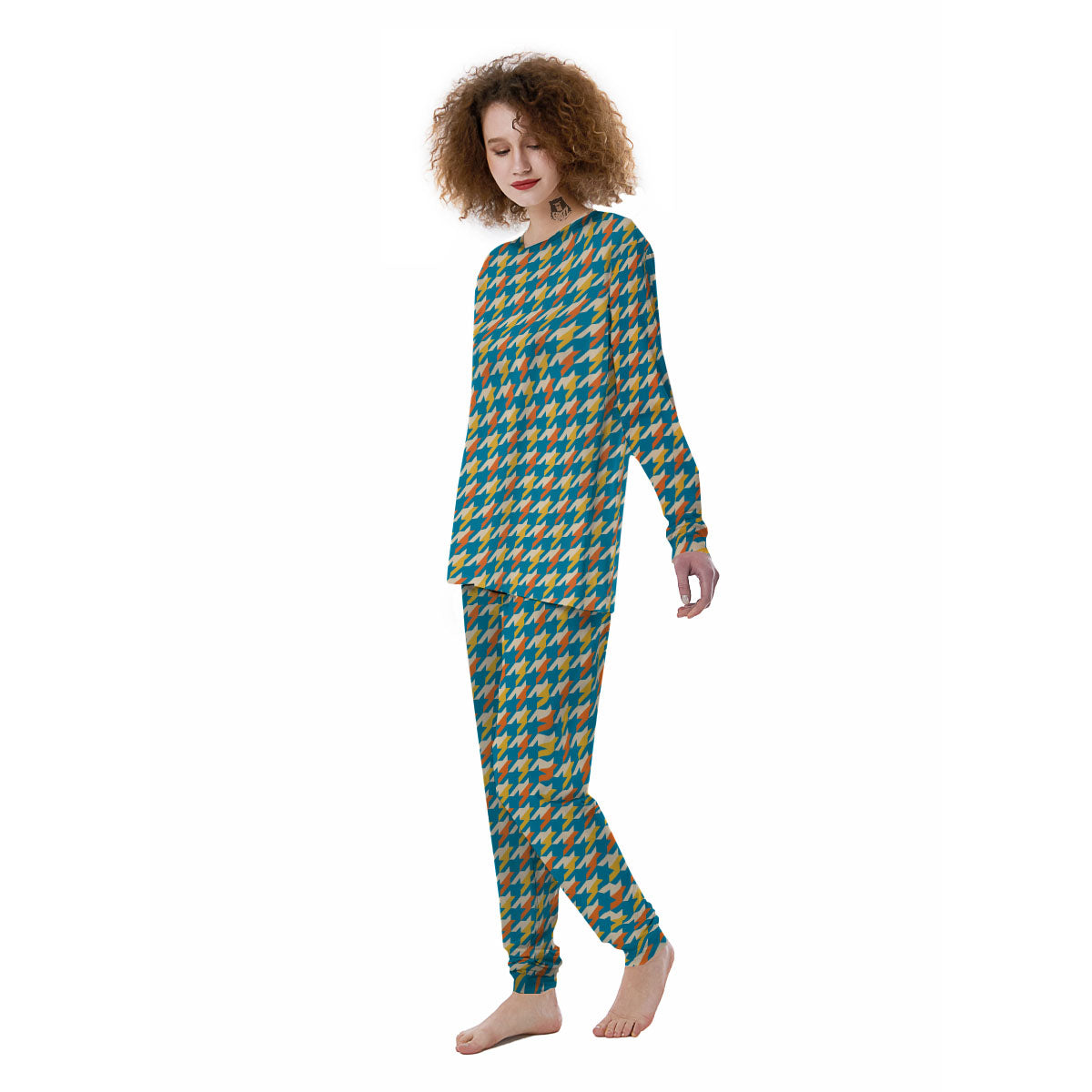 Houndstooth Blue And Orange Print Women's Pajamas-grizzshop