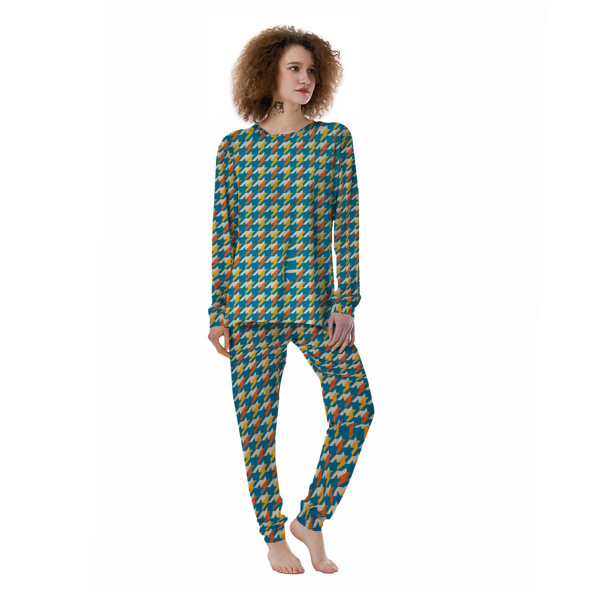 Houndstooth Blue And Orange Print Women's Pajamas-grizzshop
