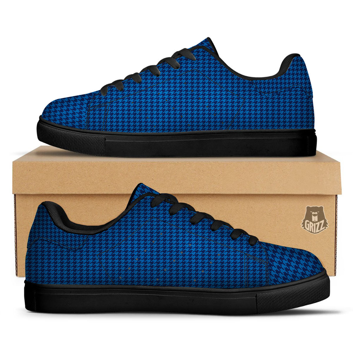 Houndstooth Blue Print Pattern Black Low Top Sneakers-grizzshop