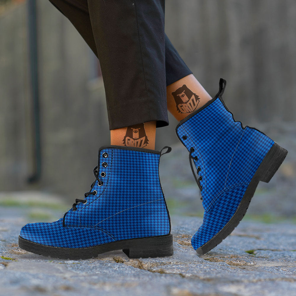 Houndstooth Blue Print Pattern Leather Boots-grizzshop