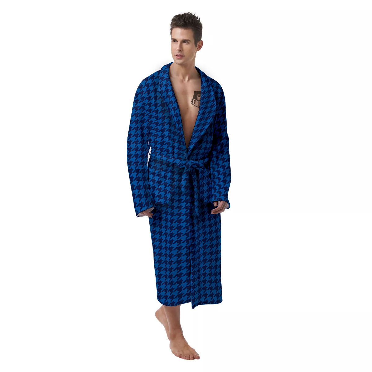 Houndstooth Blue Print Pattern Men's Robe-grizzshop