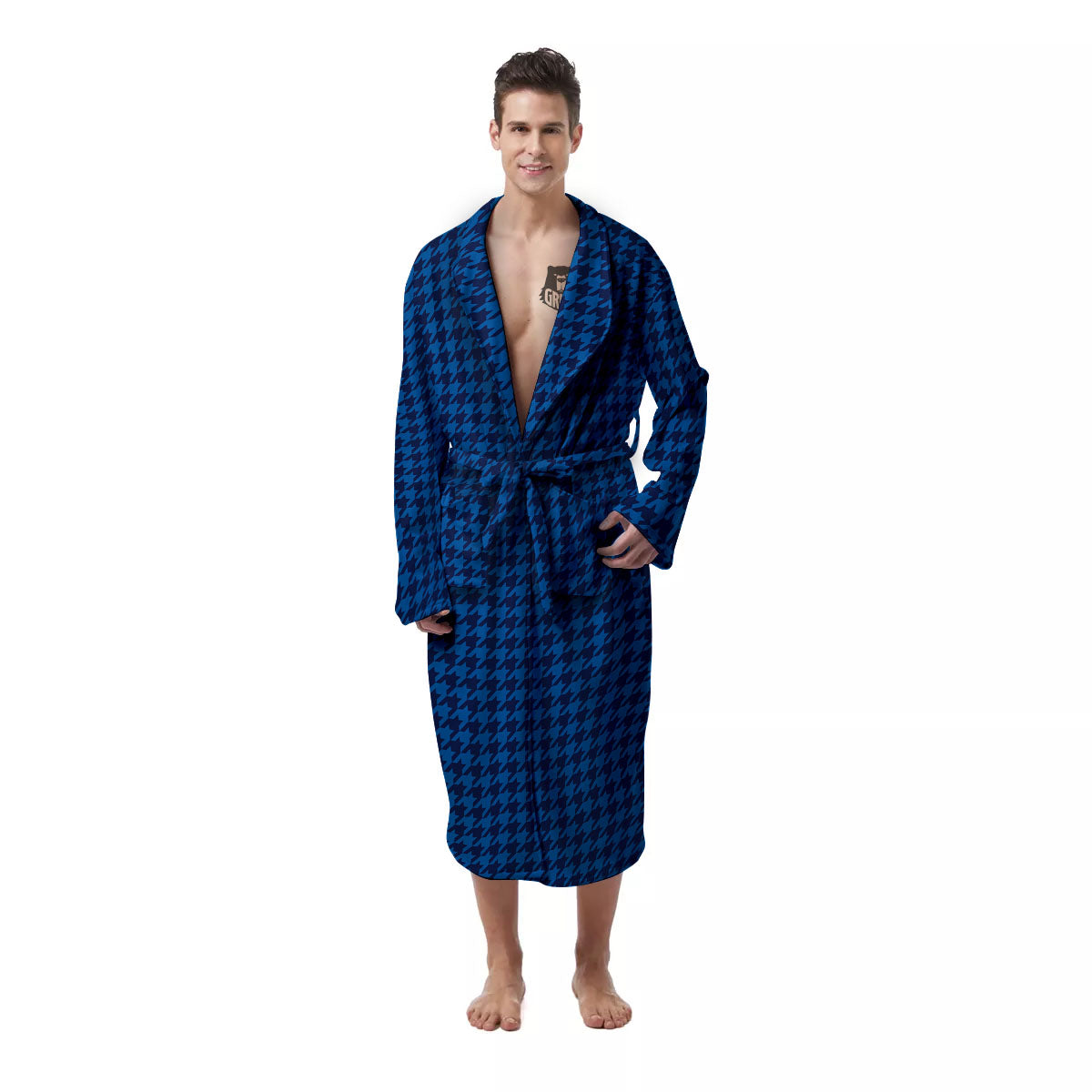 Houndstooth Blue Print Pattern Men's Robe-grizzshop
