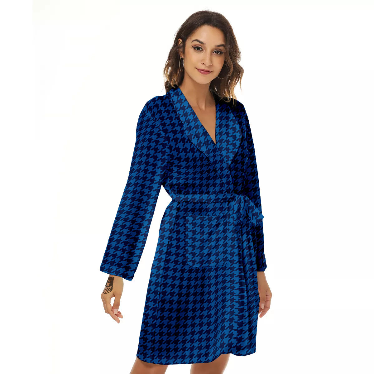 Houndstooth Blue Print Pattern Women's Robe-grizzshop