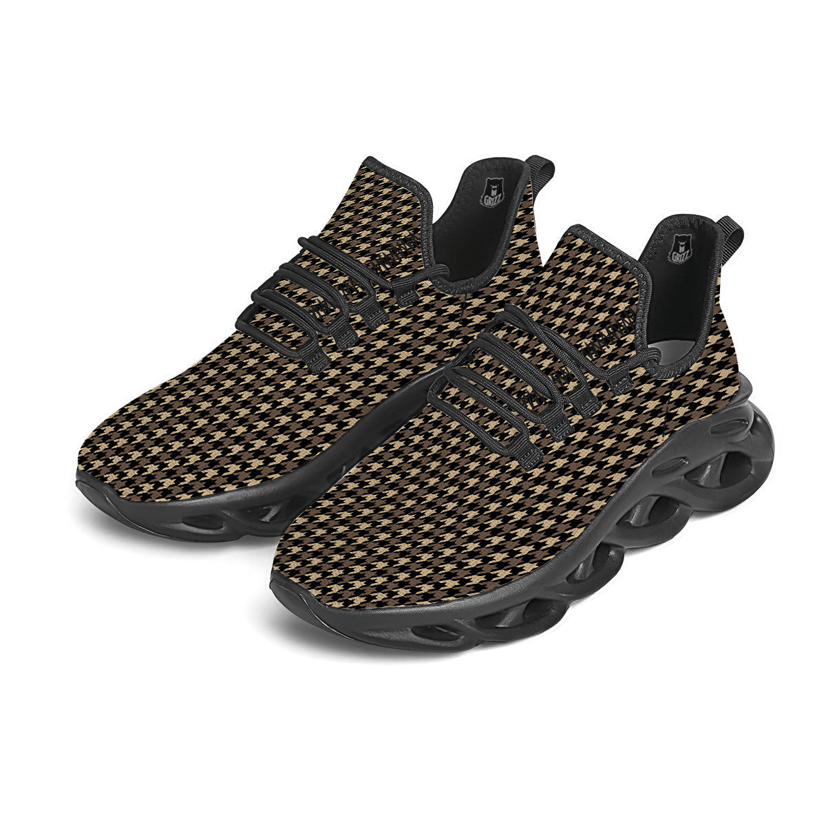 Houndstooth Brown Print Pattern Black Running Shoes-grizzshop