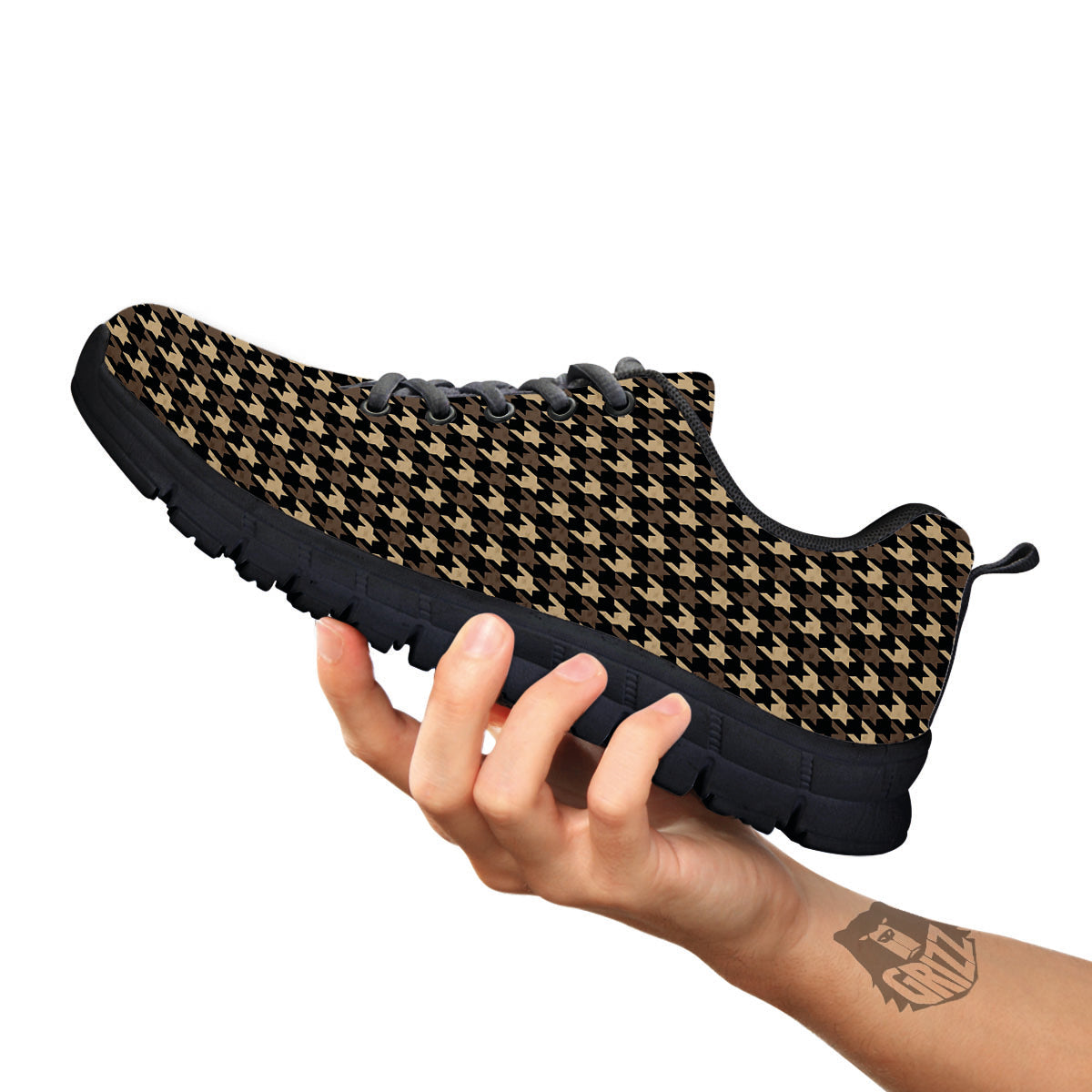 Houndstooth Brown Print Pattern Black Sneaker-grizzshop