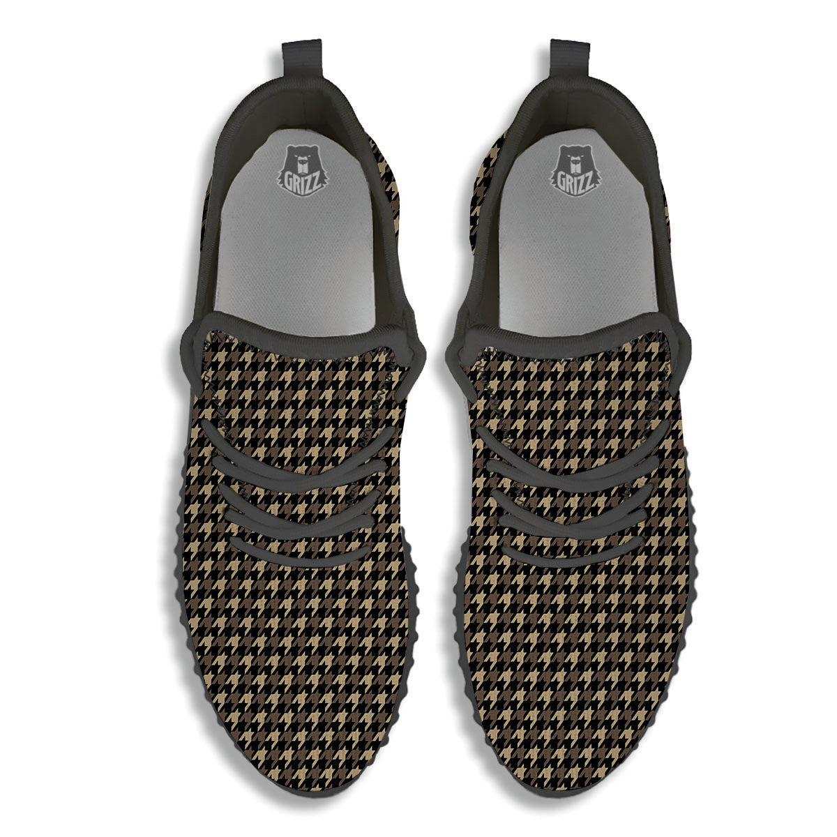 Houndstooth Brown Print Pattern Black Walking Shoes-grizzshop