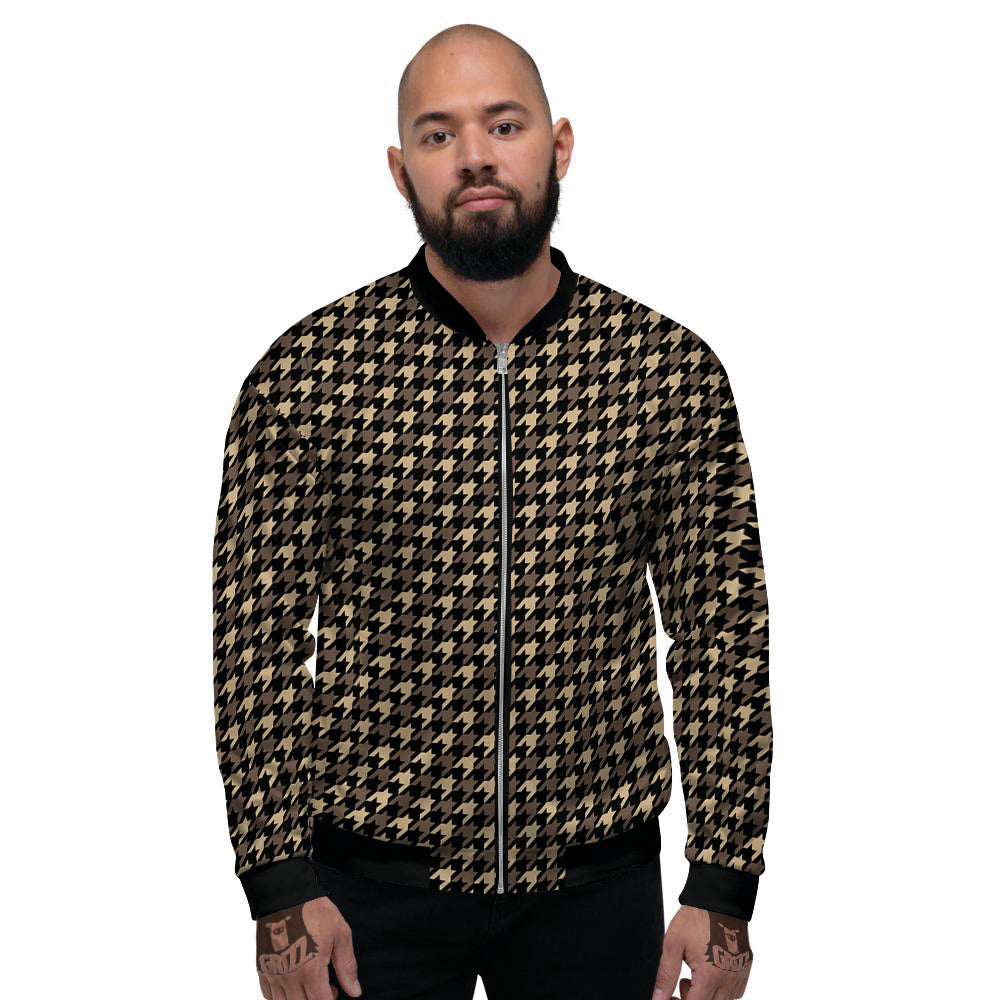 Houndstooth Brown Print Pattern Men's Bomber Jacket-grizzshop