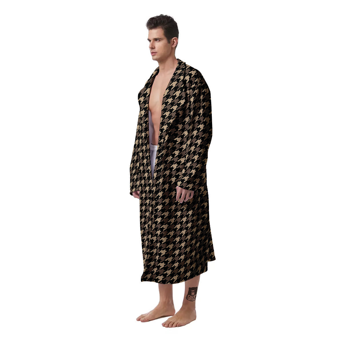 Houndstooth Brown Print Pattern Men's Robe-grizzshop