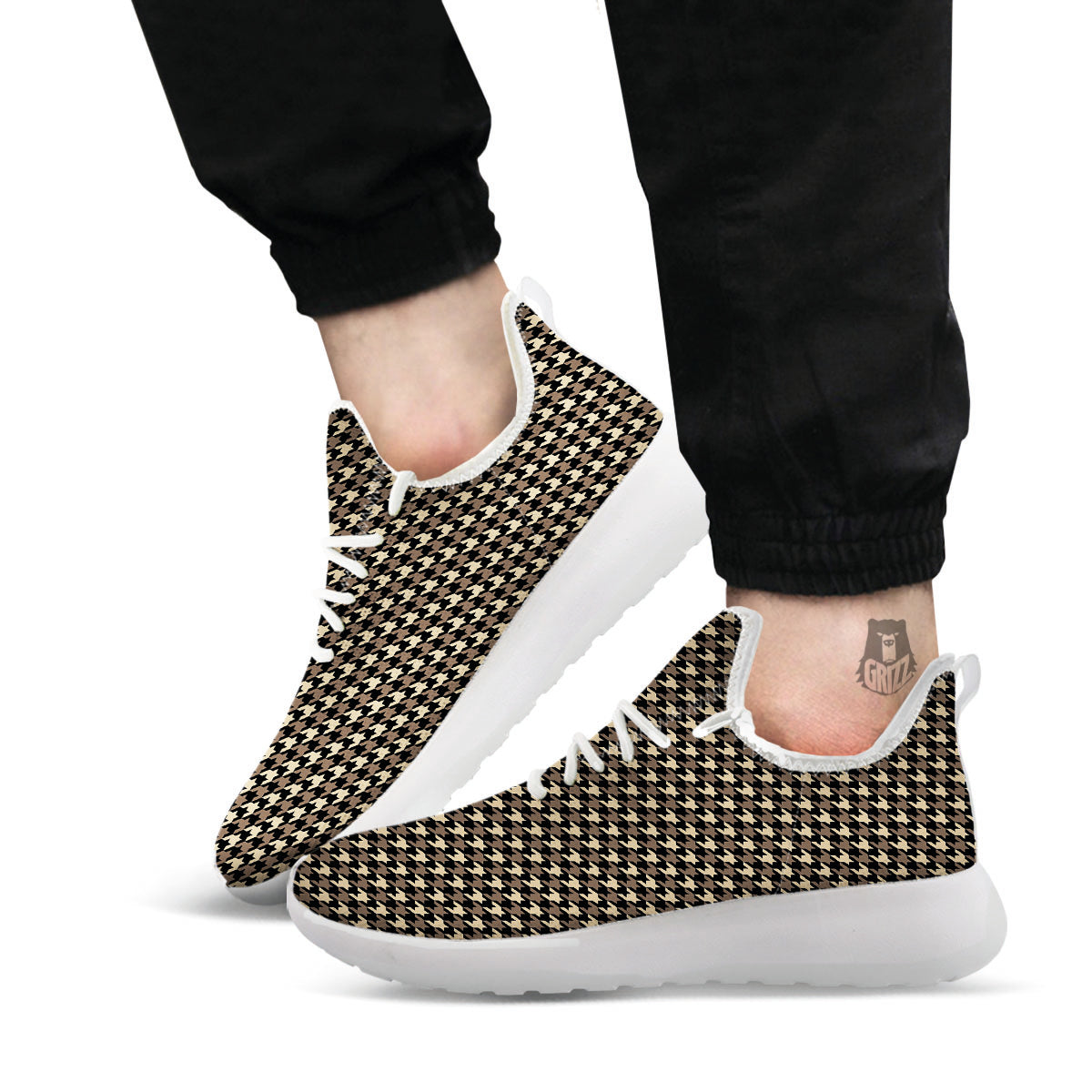 Houndstooth Brown Print Pattern White Athletic Shoes-grizzshop