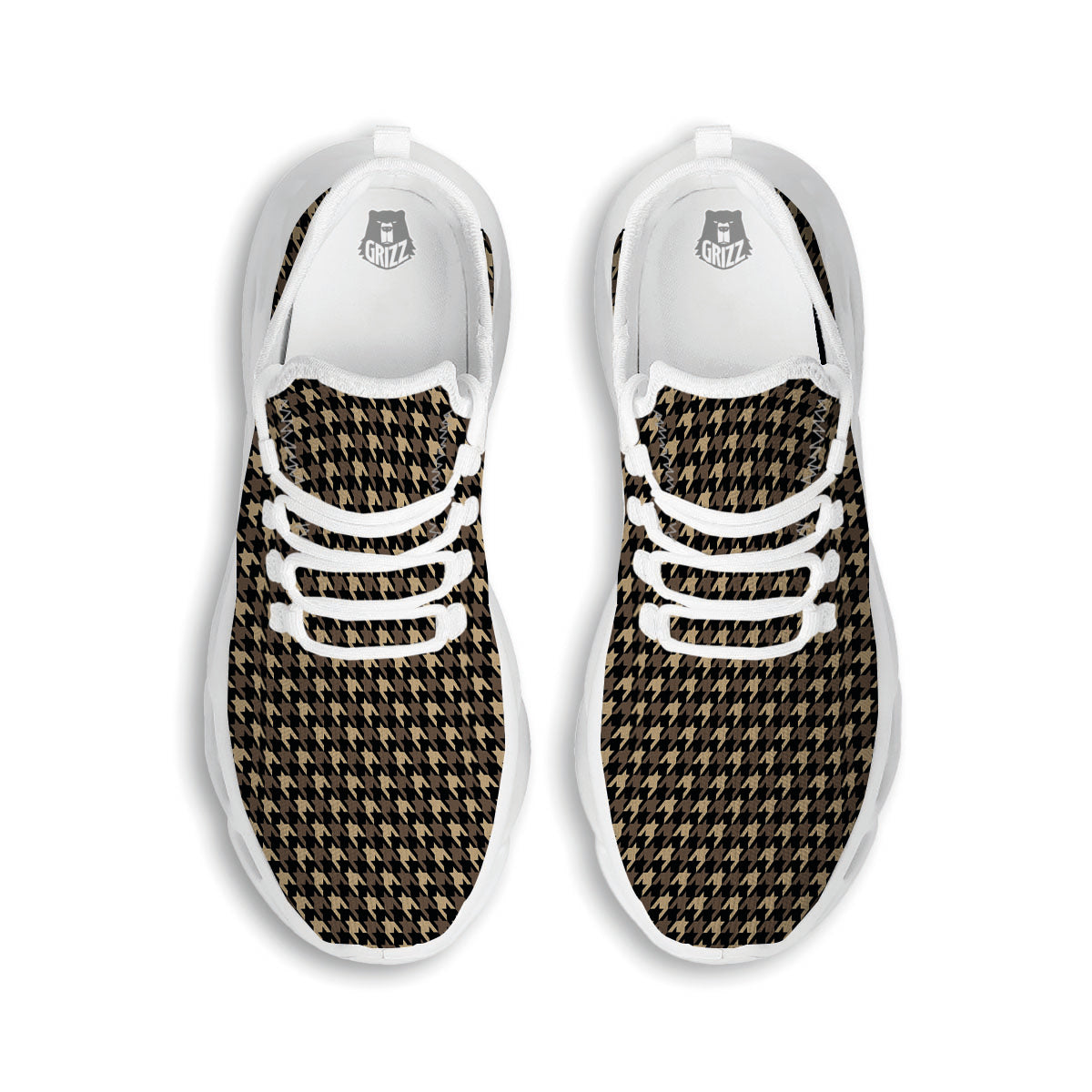 Houndstooth Brown Print Pattern White Running Shoes-grizzshop