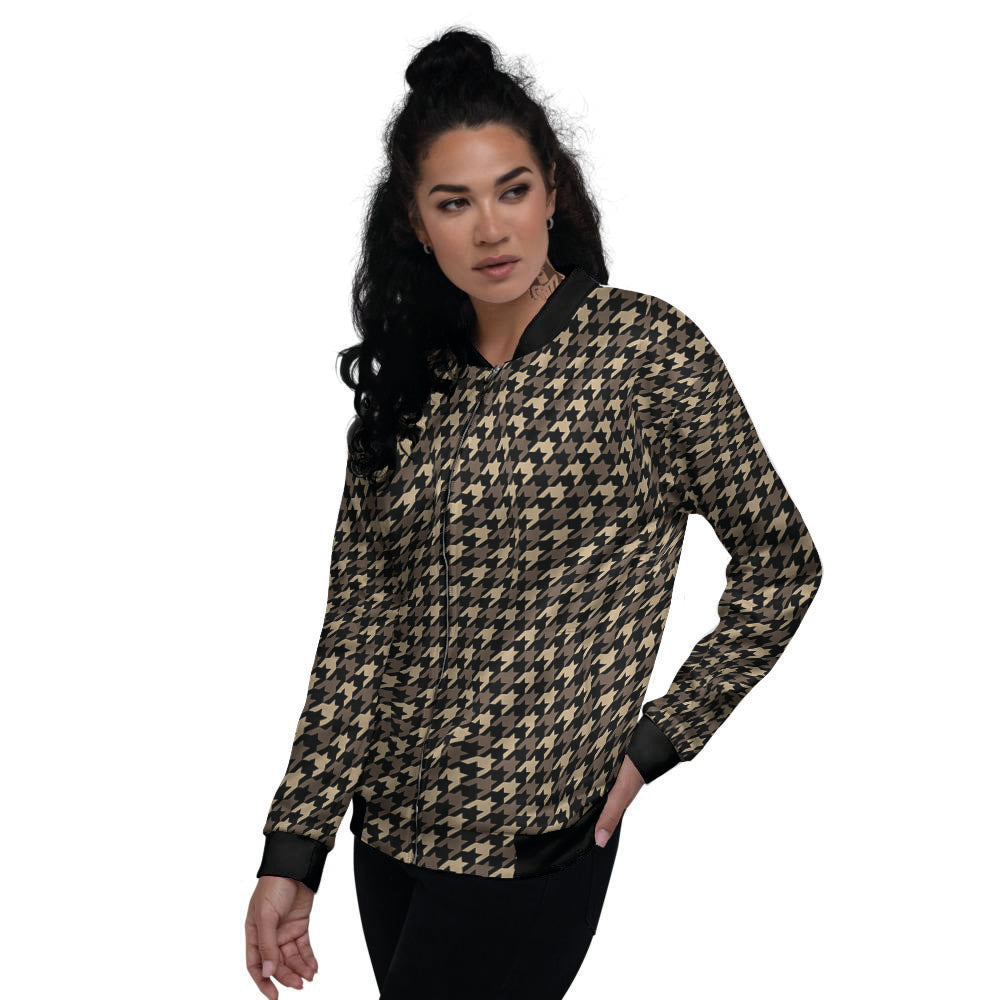 Houndstooth Brown Print Pattern Women's Bomber Jacket-grizzshop