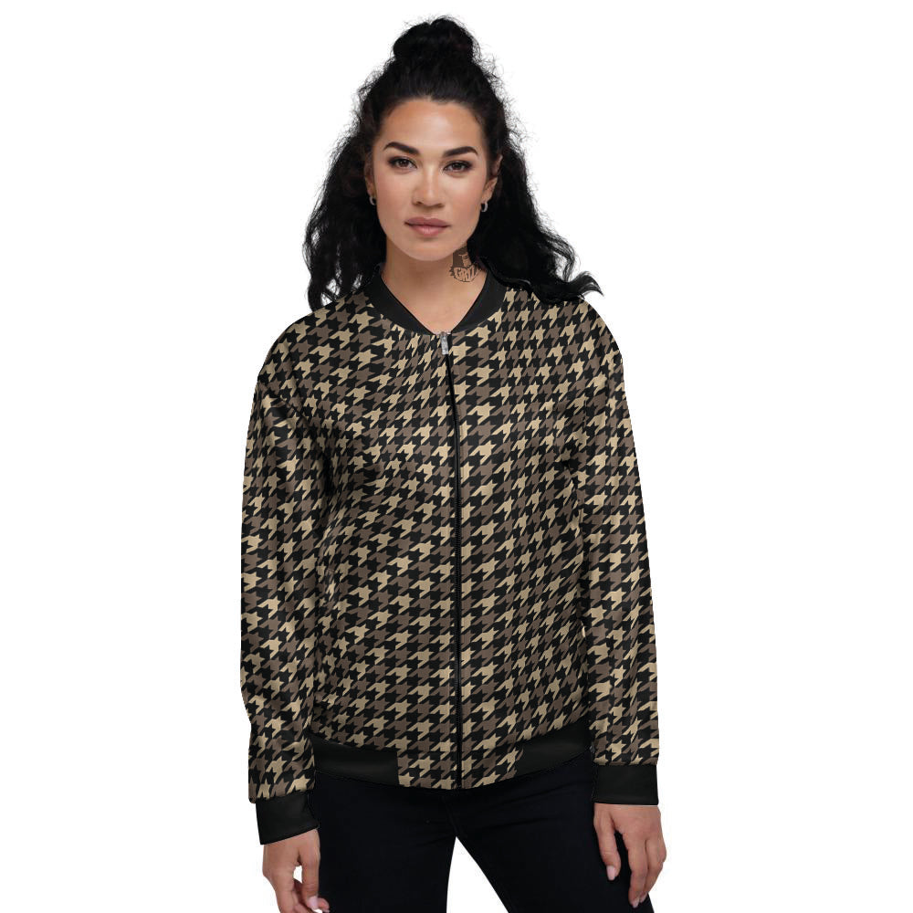 Houndstooth Brown Print Pattern Women's Bomber Jacket-grizzshop