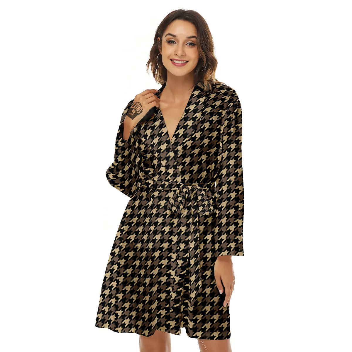 Houndstooth Brown Print Pattern Women's Robe-grizzshop