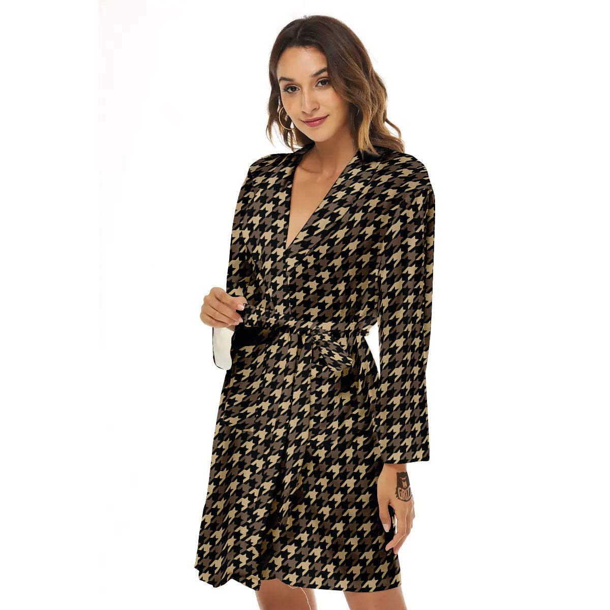 Houndstooth Brown Print Pattern Women's Robe-grizzshop