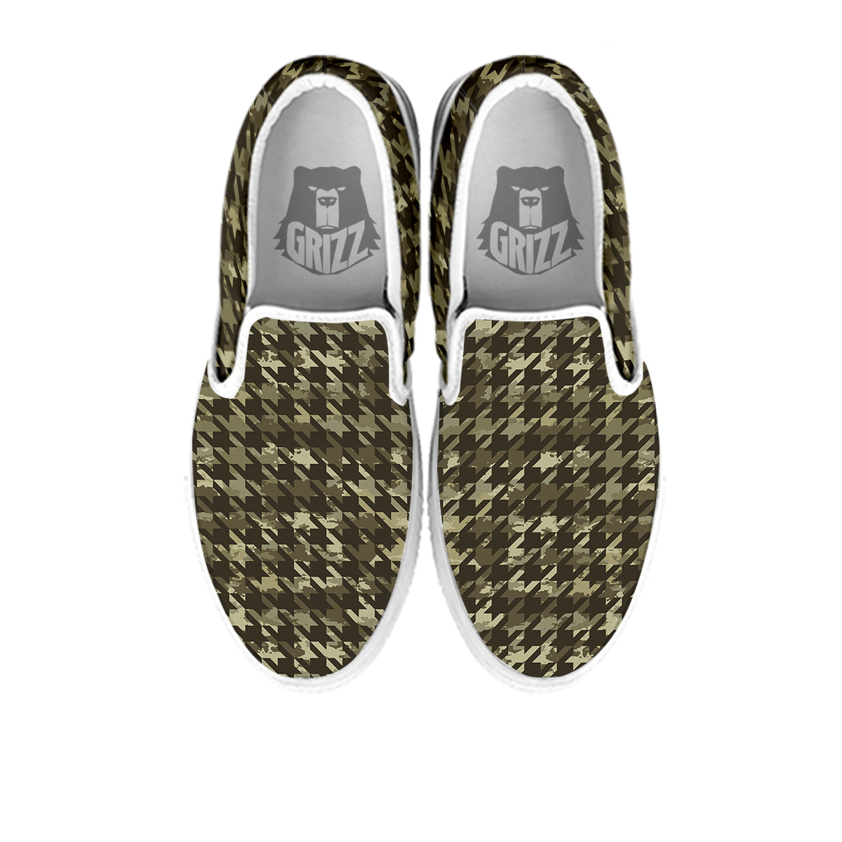 Houndstooth Camouflage Green Print Pattern White Slip On Shoes-grizzshop