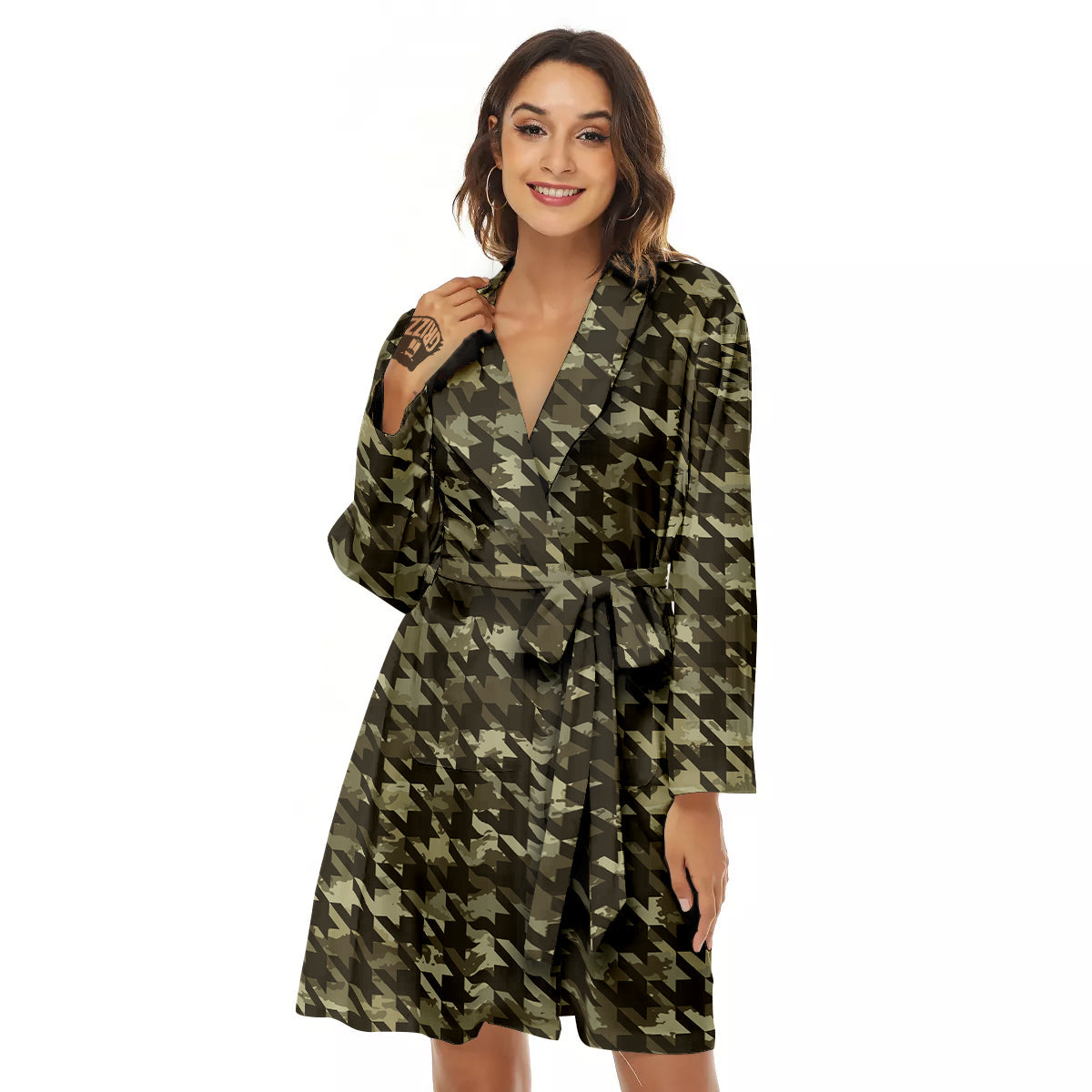 Houndstooth Camouflage Green Print Pattern Women's Robe-grizzshop