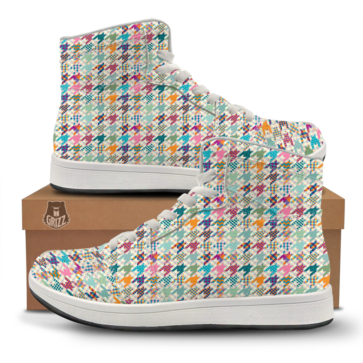 Houndstooth Colorful Plaid Print Pattern High Top Sneakers-grizzshop