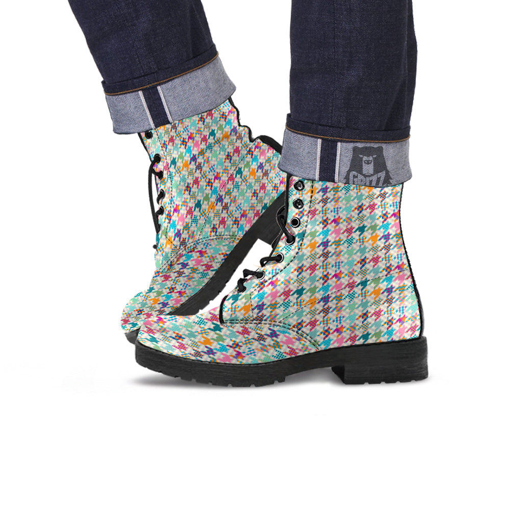 Houndstooth Colorful Plaid Print Pattern Leather Boots-grizzshop