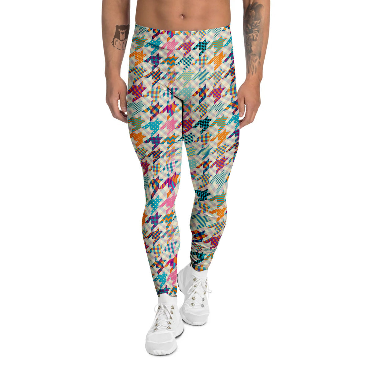 Houndstooth Colorful Plaid Print Pattern Men's Leggings-grizzshop
